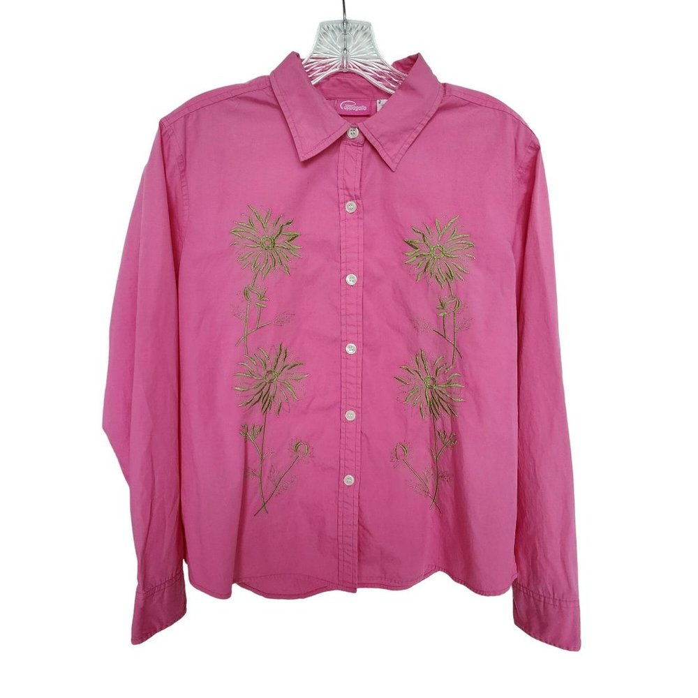Coppagallo Pink Button Shirt Size Large Green Flower Long Sleeve